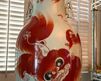Circa 19th Century Chinese Red & White Porcelain Foo Dog Vase