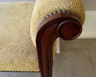 Georgian Regency-Style Gold Upholstered Bench with Rolled Arms and Mahogany Legs