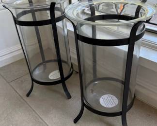 Pair of Black Metal and Glass Hurricane Candle Holders