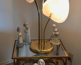 leaf lamp, brass and glass nesting tables