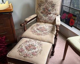 antique tapestry lounge chair and footstool