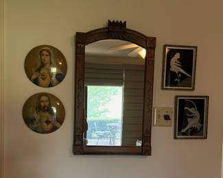 wood framed mirror, art deco fairie art, sacred heart art