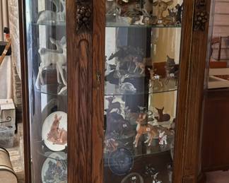 ANTIQUE CURIO CABINET WITH CURVED GLASS, CARVED WOOD GARGOYLES...AMAZING