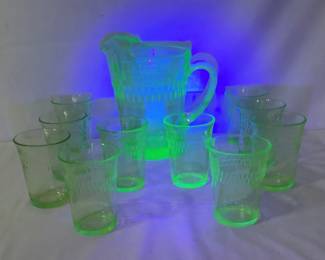 Uranium Glass Pitcher, Juice Glasses