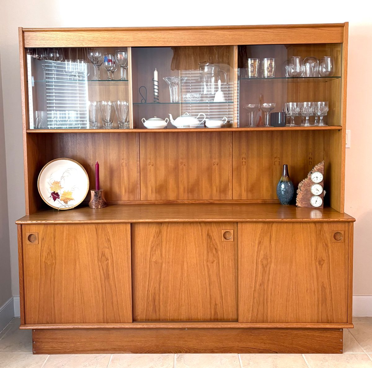 Magnificent MCM china hutch-3 top sliding glass doors and 3 lower wood sliding doors