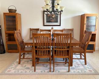 Laurelhurst oak trestle dining table with 2 leaves and 8 chairs