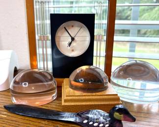 Bulova clock, dome magnifiers, painted wood duck letter opener