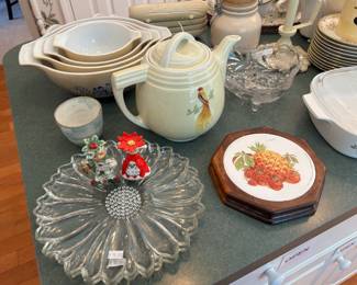 Decorative, Pyrex Bowls, Drop-O-Lator Bird of Paradise Coffee Pot, Ceramic Napkin, Pyrex Homestead Mixing Bowls 
