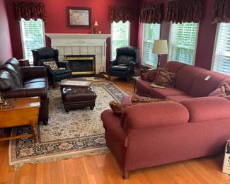 Flexsteel Red Sectional, Ottoman, Area Rug, Leather Sofa, Leather Ottoman