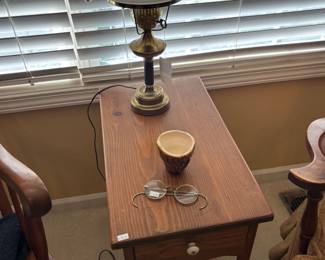 Wooden Side Table, Vintage Lamp