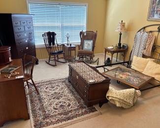 Bench/Chest, Area Rug, Wall Art, Drexel Dresser, Nichols & Stone Rocking Chair, Furs, Clothing, Upholstered Rocking Chair, Michigan Framed Cross Stitch, Wooden Side Table, Vintage Lamp