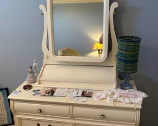 White Dresser and Mirror, Decorative Lamp