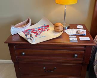 Ceramic Basketball Piggy Bank, Table Lamp, Wooden Side Table