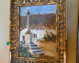 Item #134 1930s Painting of WWI Monument in Normandy , Slight Frame Damage, 8.5" 11"