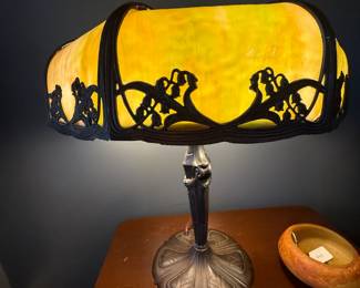 Item #38 1920s Slag Glass Lamp with Metal Base, Aged, Good, H19" W15.5"