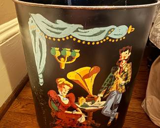 Item #130 1950s Painted Tin Trash Can, Good Condition, Aged, 13.5" 11.5"