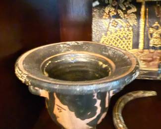 Item #232 Ancient Greek Pottery c. 350 BCE, Rare Skyphos Featuring Two Men