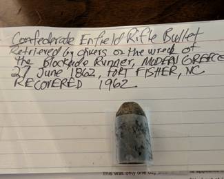 Item #277 Confederate Enfield Rifle Bullet (Imported British, Recovered from the Wreck of the Blockade Runner "Modern Greece" Sunk in 1862 off Fort Fisher, NC)