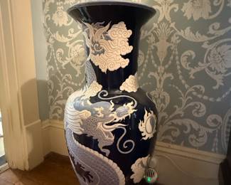 Item #78 Large Porcelain Dragon Vase, Blue/White/Powder Blue, c. 1980, Good Condition, 32" 15"