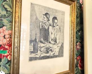 Item #204 Picasso Print Marked #2/10, 'Man and Woman in Cafe' - Picasso Used A Secondhand Etching, Original Art Visible in Top Right , 17" 22"