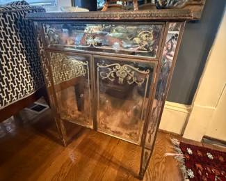 Item #34 1920s Mirrored Wooden Chest, Floral Design, Missing Two Knobs, H28.5" W22" D16"