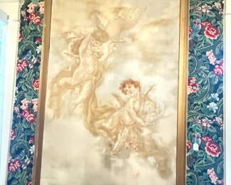 Item #192 Large Painting of Cherubs on Canvas w/ Gilt Frame c.1880, 66" 38"