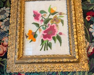 Item #197 Pink Floral Needlepoint in Victorian Frame c.1960s, 15" 12.5"