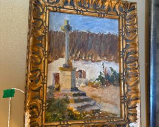 Item #134 1930s Painting of WWI Monument in Normandy , Slight Frame Damage, 8.5" 11"