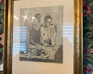 Item #204 Picasso Print Marked #2/10, 'Man and Woman in Cafe' - Picasso Used A Secondhand Etching, Original Art Visible in Top Right , 17" 22"