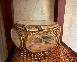 Item #82 Velvet-Lined Beveled Glass Sewing Box, Aged Good Condition, 4" 5.5"