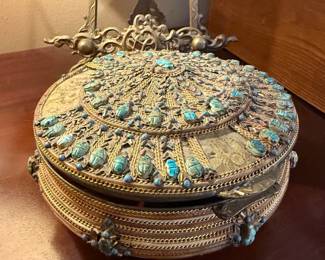 Item #96 Brass Jewelry Box w/ Scarab Decor, Turquoise, Good Condition, 4" 8"