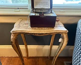 Item #31 1920s-30s Wooden Floral Design Italian Table, Solid Condition but Damaged Design, H29" W19" D12"
