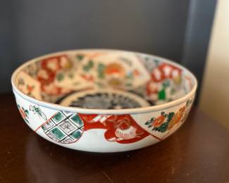 Item #47 Blue/White/Red/Green Imari Floral Bowl, Good, 3" 4.75"