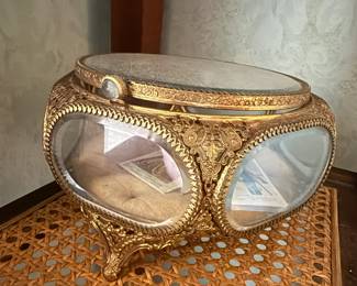 Item #82 Velvet-Lined Beveled Glass Sewing Box, Aged Good Condition, 4" 5.5"