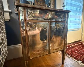 Item #34 1920s Mirrored Wooden Chest, Floral Design, Missing Two Knobs, H28.5" W22" D16"