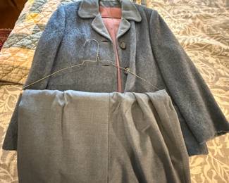 Item #120 Woolen Going-Away Suit Worn for Honeymoon of Owner's Mother, Minor Holes on Skirt, Size Two (Small, 1953)