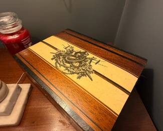 Item #25 Wooden Box, Bone(?) Inlay, Weaponry Crest, Slightly Scuffed, H4" L12" D8.75"