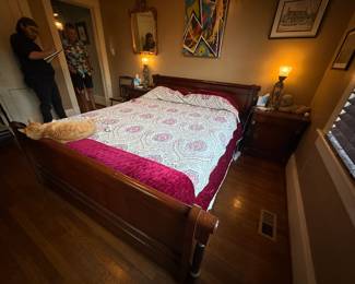 Item #85 Mahogany Bedset w/ Brass Ormalou, Good Condition, Queen Bed, Side Tables
