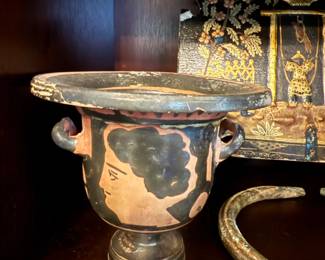 Item #232 Ancient Greek Pottery c. 350 BCE, Rare Skyphos Featuring Two Men