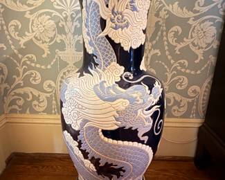 Item #78 Large Porcelain Dragon Vase, Blue/White/Powder Blue, c. 1980, Good Condition, 32" 15"