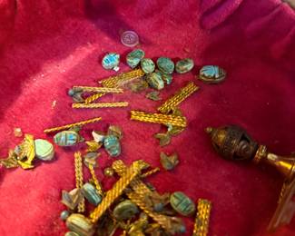 Item #96 Brass Jewelry Box w/ Scarab Decor, Turquoise, Good Condition, 4" 8"