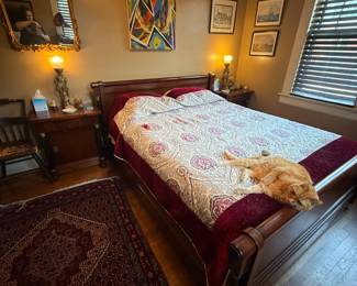 Item #85 Mahogany Bedset w/ Brass Ormalou, Good Condition, Queen Bed, Side Tables