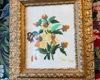 Item #198 Orange/Brown Floral Needlepoint in Victorian Frame c.1960s , 15" 12.5"