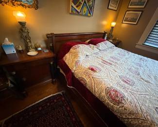 Item #85 Mahogany Bedset w/ Brass Ormalou, Good Condition, Queen Bed, Side Tables