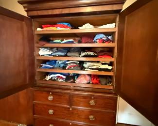 Item #122 1900 Mahogany English Linen Press - Two Pieces + Removable Crown - Slider Shelves, No Key, Great Condition, 85" 81" 22"