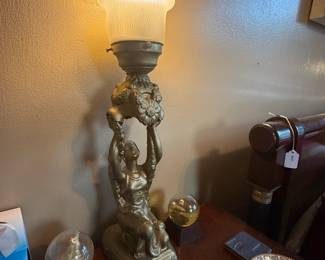Item #86 Two Art Deco Re-Gilded Lamps w/ Original Shade, 1925, Good Condition, 20.75" 4"