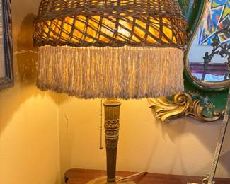 Item #95 Wicker Lamp with Fringe, 1915-1920, Good Condition, 24" 12"
