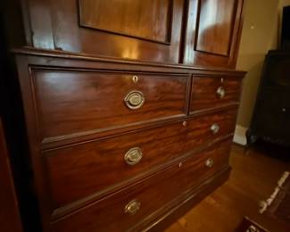 Item #122 1900 Mahogany English Linen Press - Two Pieces + Removable Crown - Slider Shelves, No Key, Great Condition, 85" 81" 22"