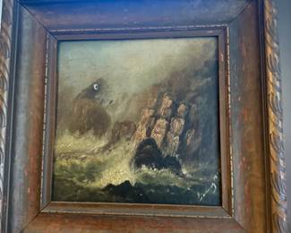 Item #22 Small Painting, American Seascape , Aged, Small Hole, H15.5" W15.5" D2
