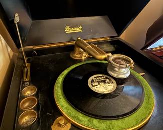 Item #124 1919 Brunswick Chinoiserie Style Edison&Vinyl Record Player Model #27 w/ Key, Wooden Horn, Good Condition, Functional, Beautiful Sound, 45" 22" 22.5"
